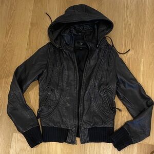 Aqua Women's Black Leather Hooded Bomber Jacket